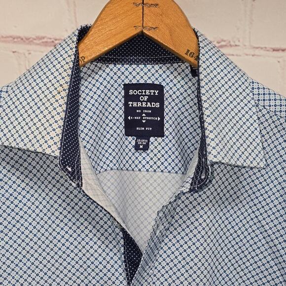 Society Of Threads No Iron Slim Fit Blue Patterned Shirt Mens Size M - Picture 3 of 13
